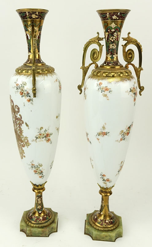 Pair Probably Sevres Hand Painted Porcelain Champleve Decorated Bronze Mounted Urns