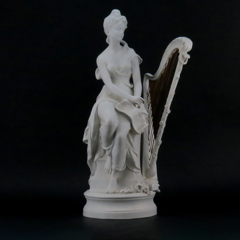 19/20th Century French Bisque Sculpture "Beauté Avec Harpe". Signed H. Moreau