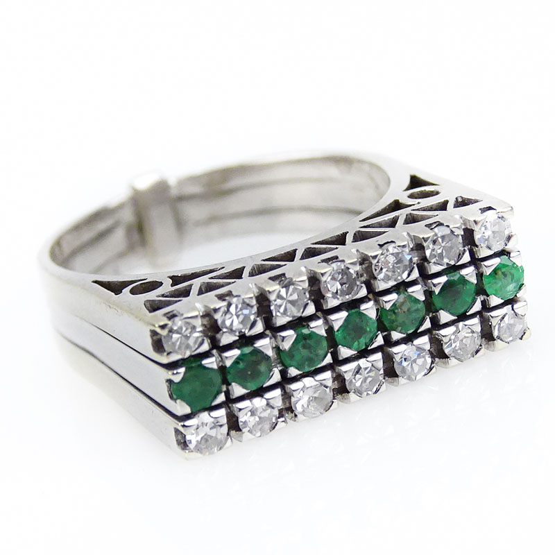 Vintage Diamond, Emerald and 18 Karat White Gold Band Comprised of Three Rings