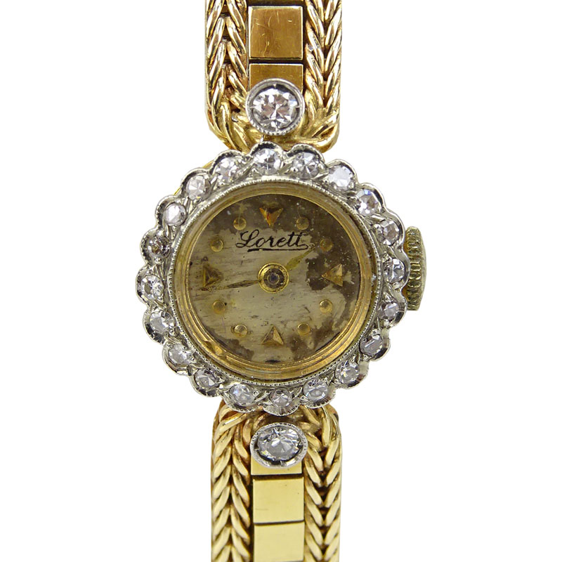 Lady's Vintage Lorett 18 Karat Yellow Gold Bracelet Watch with Diamond Bezel