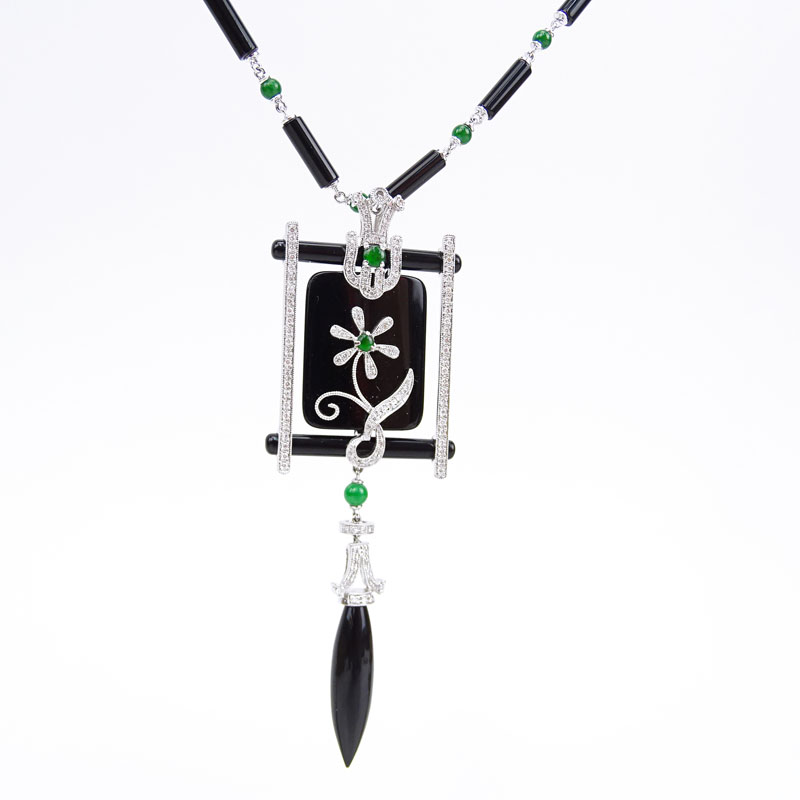 1.25 Carat Diamond, Black Onyx, Jade and 18 Karat White Gold Pendant Necklace