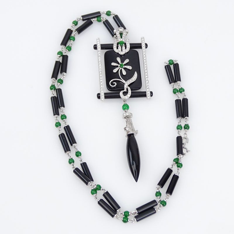 1.25 Carat Diamond, Black Onyx, Jade and 18 Karat White Gold Pendant Necklace