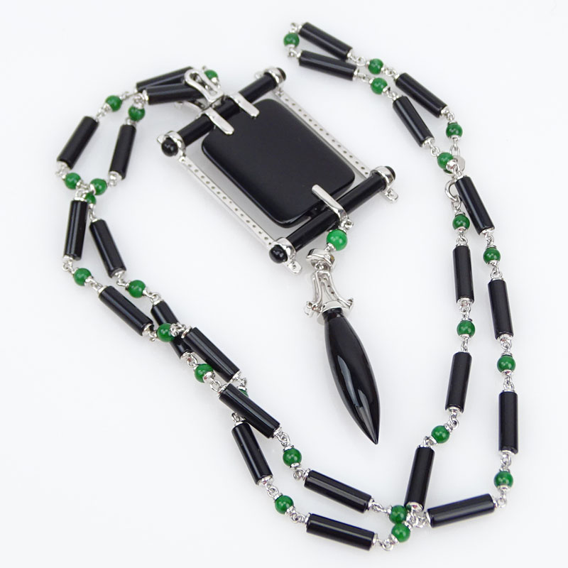 1.25 Carat Diamond, Black Onyx, Jade and 18 Karat White Gold Pendant Necklace