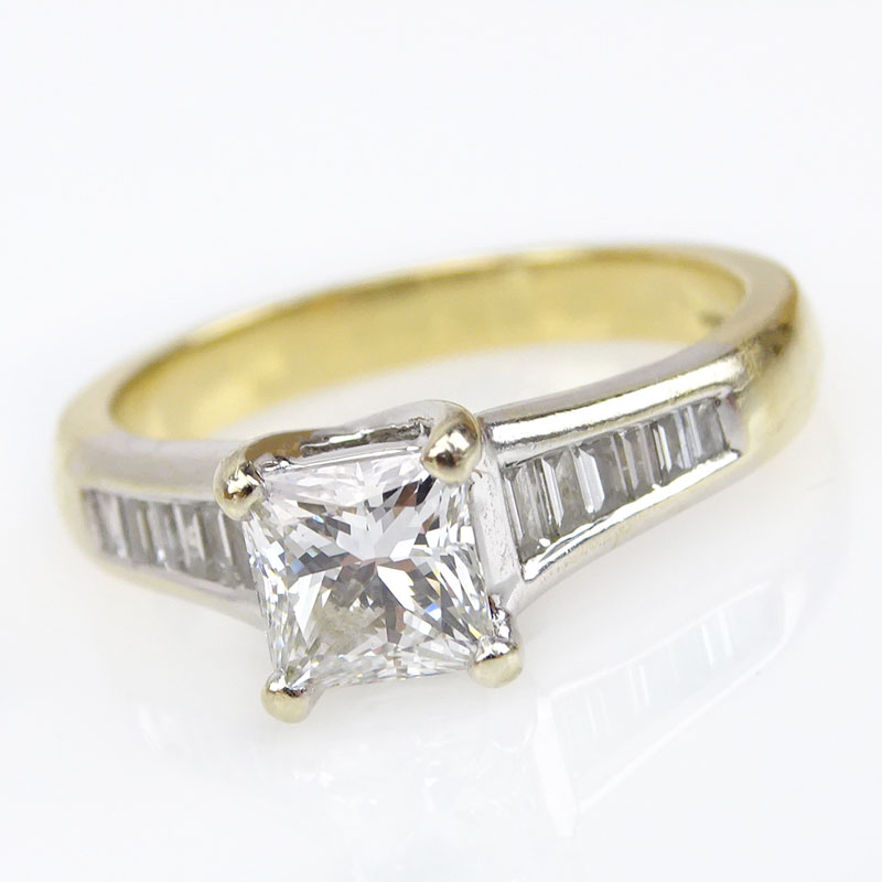 1.0 Carat Princess Cut Diamond and 18 Karat Yellow and White Gold Engagement Ring
