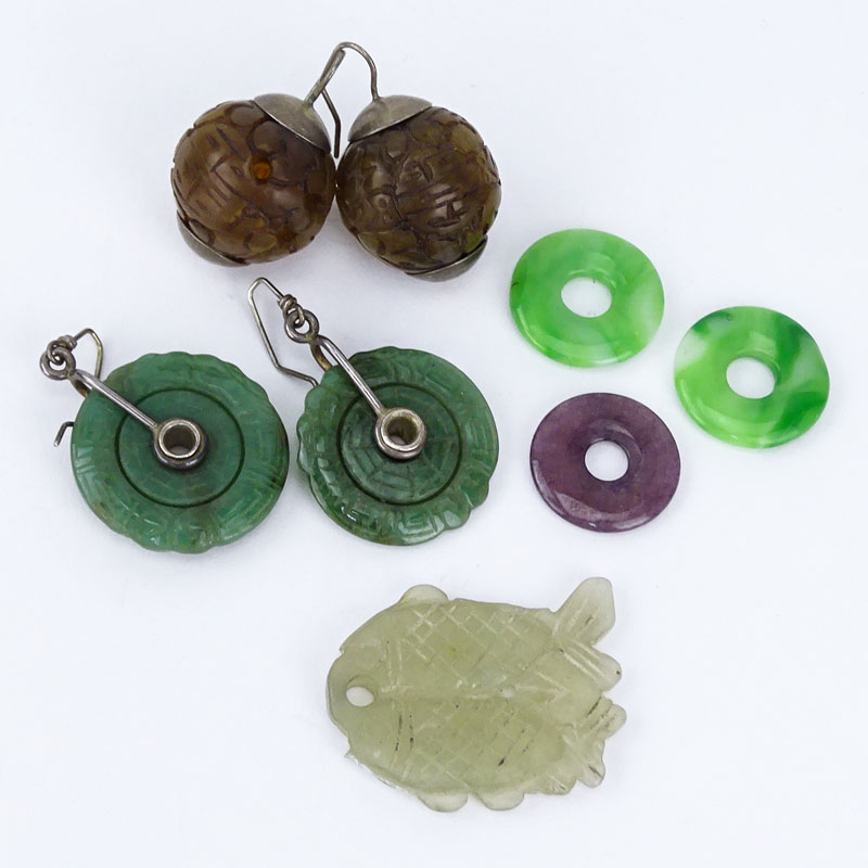 Collection of Vintage Chinese Jade Items Including Two (2) Pair of Carved Jade Earrings, One (1) Carved White Jade Pendant (losses) and Three (3) Jade Bi Disc / Pendants
