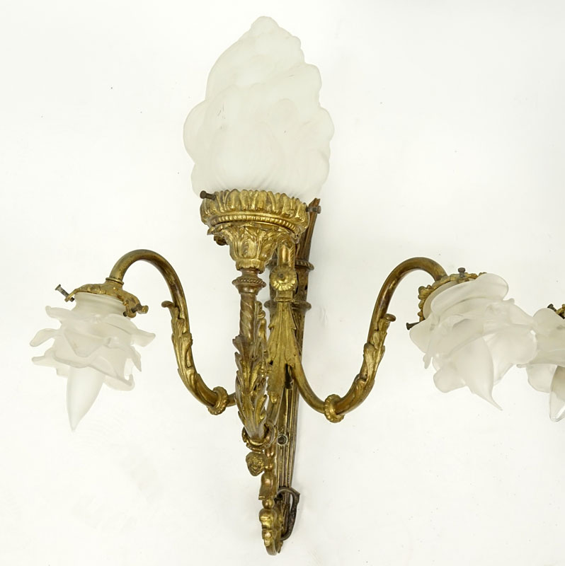 Pair of 19th Century Gilt Bronze 3 Light Wall Sconces with Frosted Glass Shades