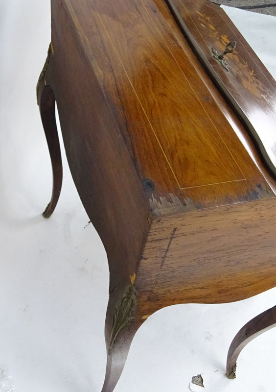 Early 20th Century Louis XV style Bronze Mounted Marquetry Inlaid Rosewood Lady's Writing Desk, Bonheur de Jour together with an antique carved Louis XV style chair