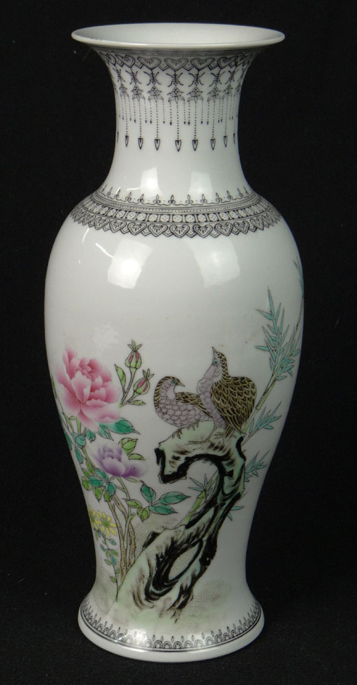 Chinese Enamel Painted Porcelain Baluster Form Vase with Peony and Quail Decoration and Calligraphy Poem