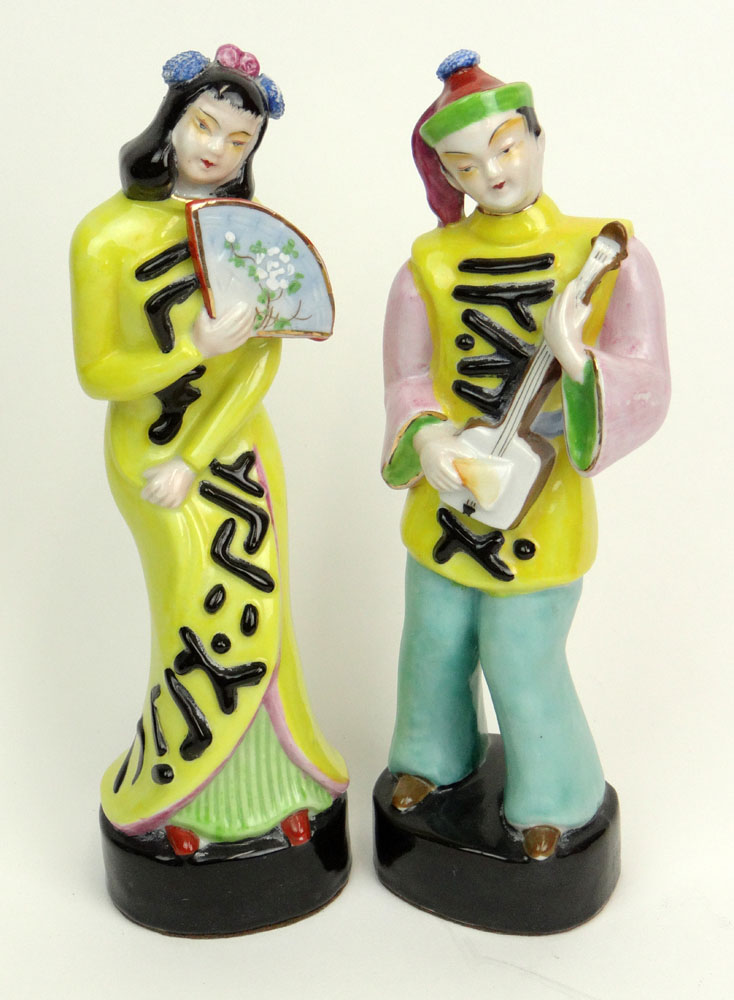 Pair of Retro Chinese Hollywood Regency Style Porcelain Figural Groups of Young Girl with Fan and Young Boy with Instrument