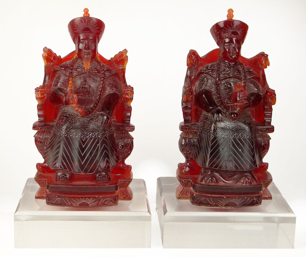 Large Pair Vintage Chinese Cherry Amber Style Emperor and Empress Figurines on Lucite Bases