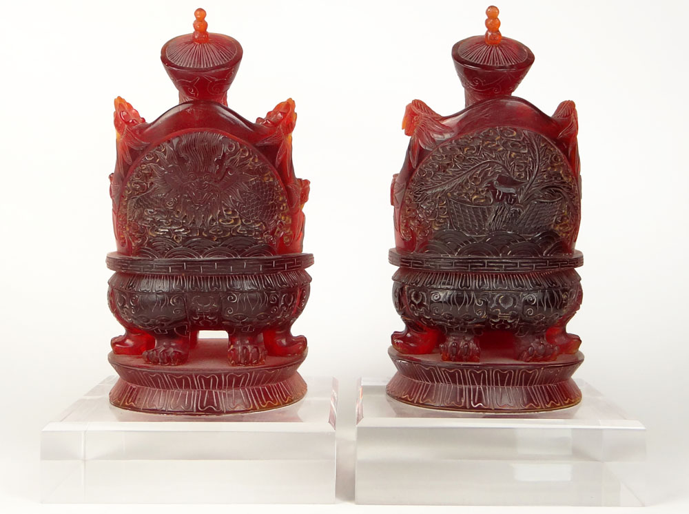 Large Pair Vintage Chinese Cherry Amber Style Emperor and Empress Figurines on Lucite Bases