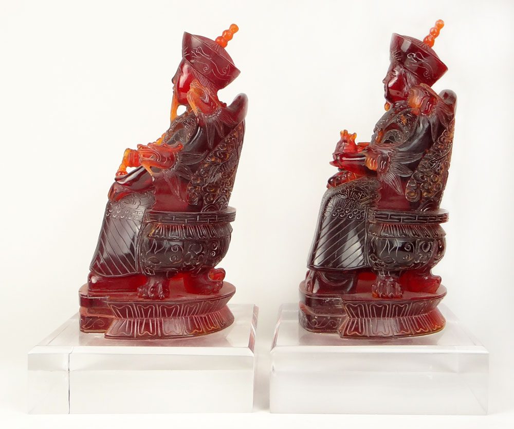 Large Pair Vintage Chinese Cherry Amber Style Emperor and Empress Figurines on Lucite Bases