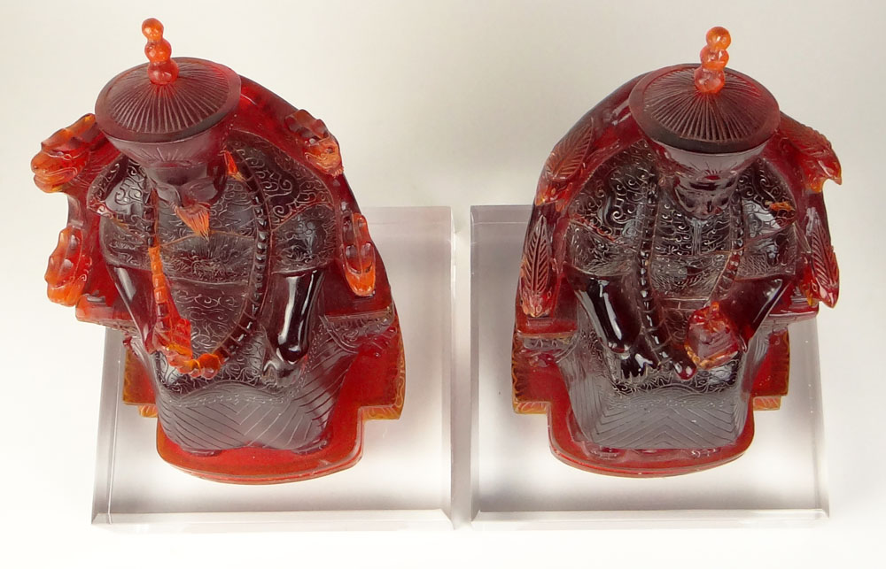 Large Pair Vintage Chinese Cherry Amber Style Emperor and Empress Figurines on Lucite Bases