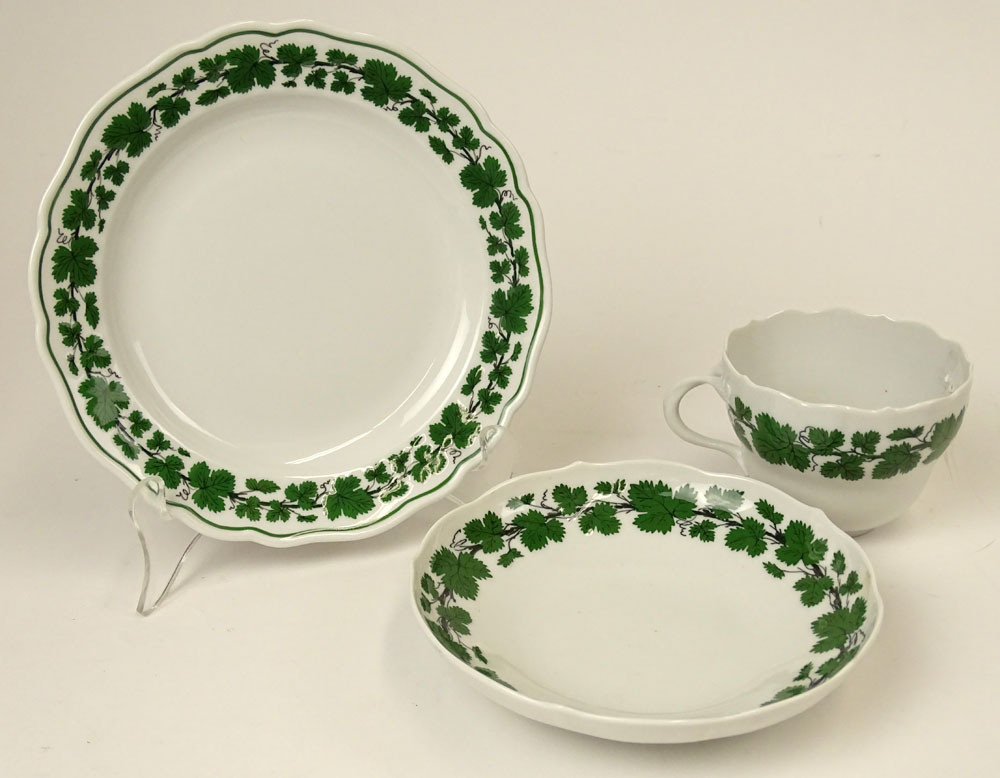 Three (3) Piece Lot Antique Meissen Green Vine Cup, Saucer and Cake Plate Set