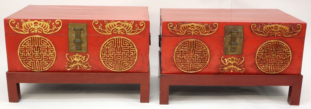 Pair of Chinese Red Lacquered Pigskin Storage Chests on Stand