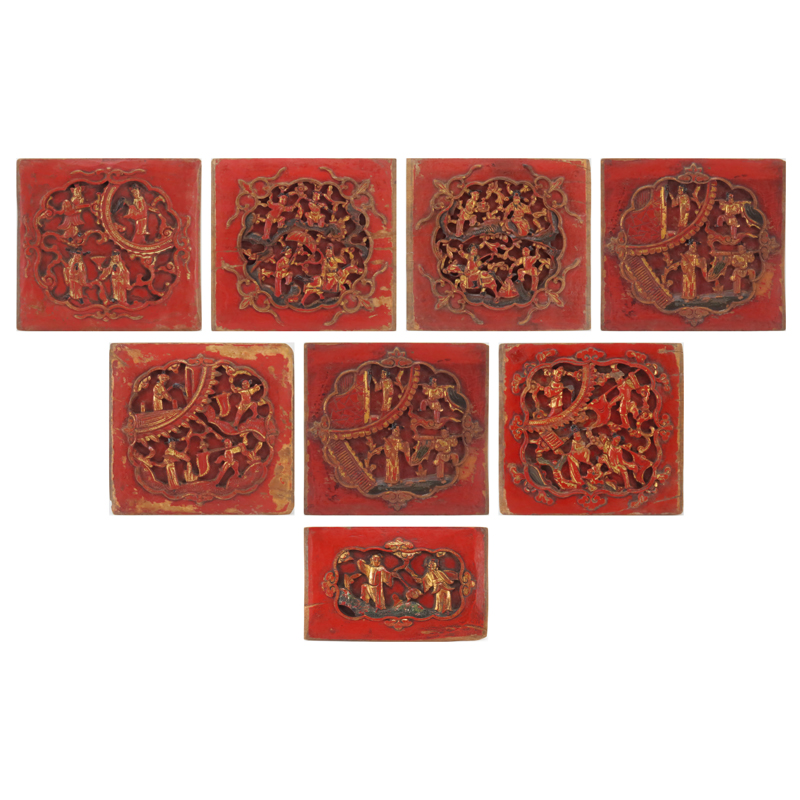 Lot of Eight (8) 19th Century Chinese Carved Chaozhou Wood Relief Panels