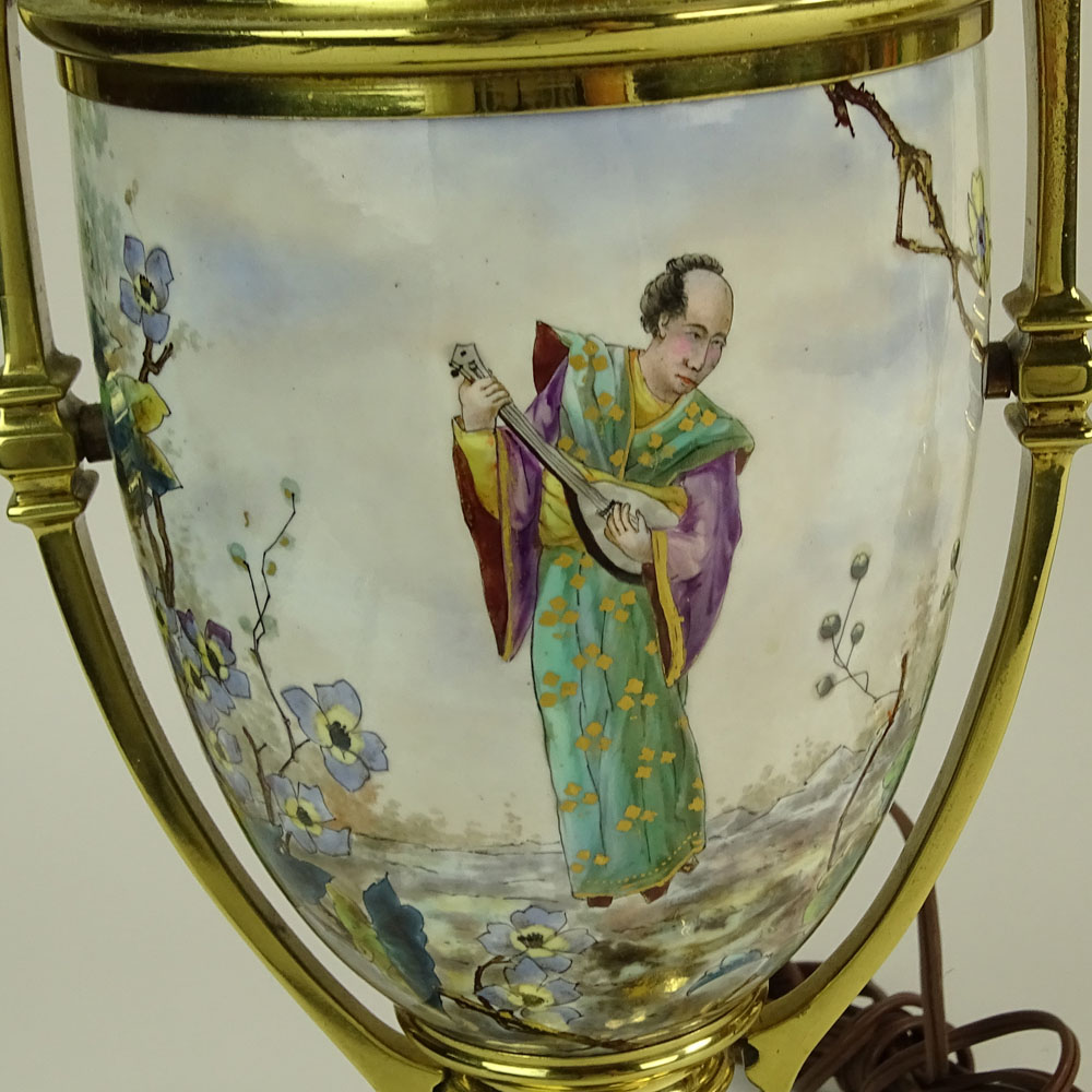 Pair of Early 20th C Japonism Brass Mounted Hand painted Faience Urns Now As lamps