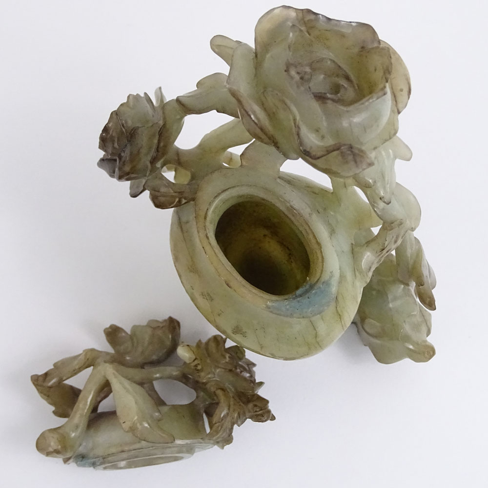 20th Century Chinese Carved Jade Covered Vase with Flowers