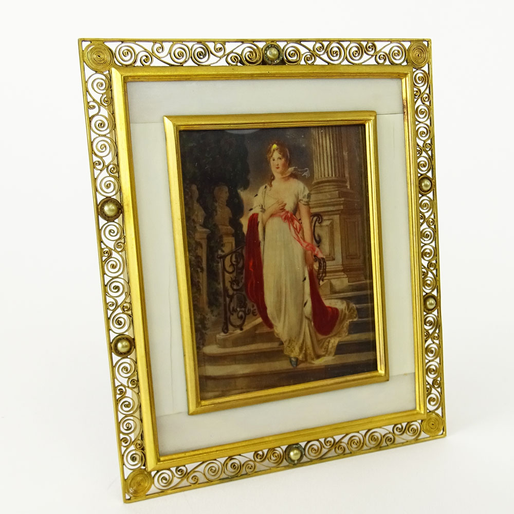 Antique Hand Painted Portrait Miniature in Bronze Filigree Frame