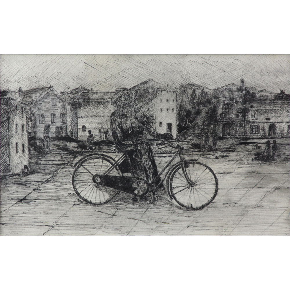 Vintage European School Etching "Man with Bike/Street Scene" Unsigned