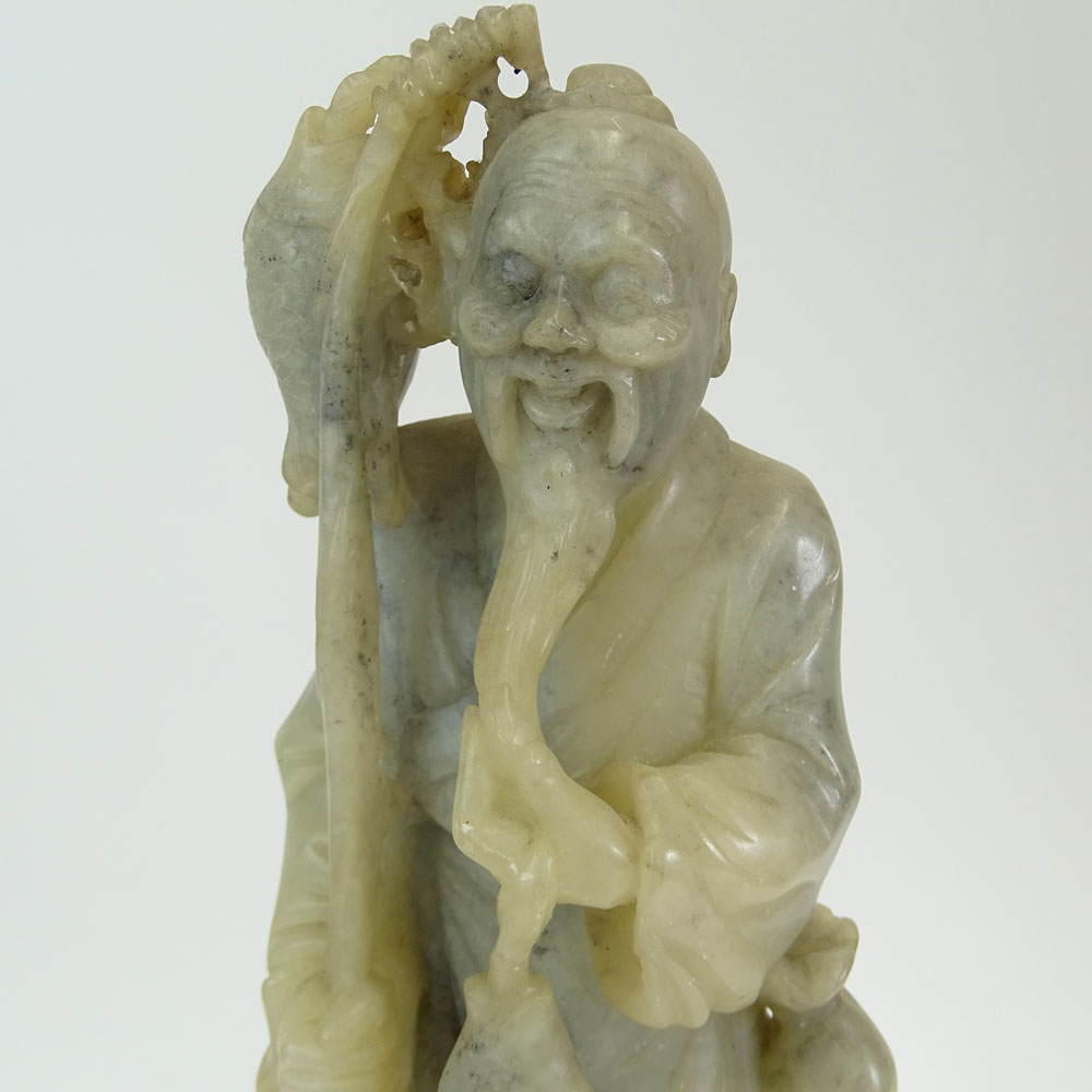 Vintage Chinese Carved Soap Stone Figure of a Fisherman On Soap Stone Base