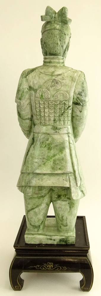 Large and Heavy Chinese Carved Jadeite Figure of A Man on Inlaid Wood Stand