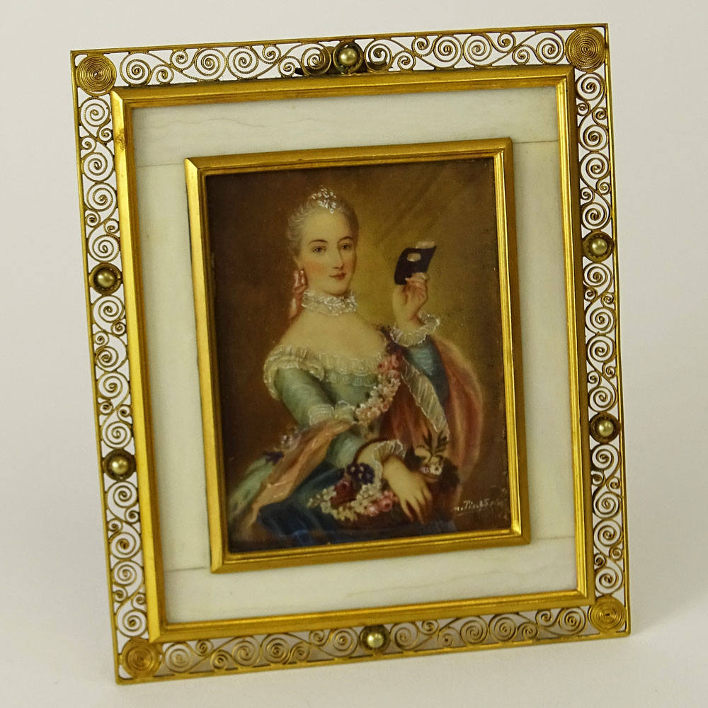 Antique Hand Painted Portrait Miniature in Bronze Filigree Frame