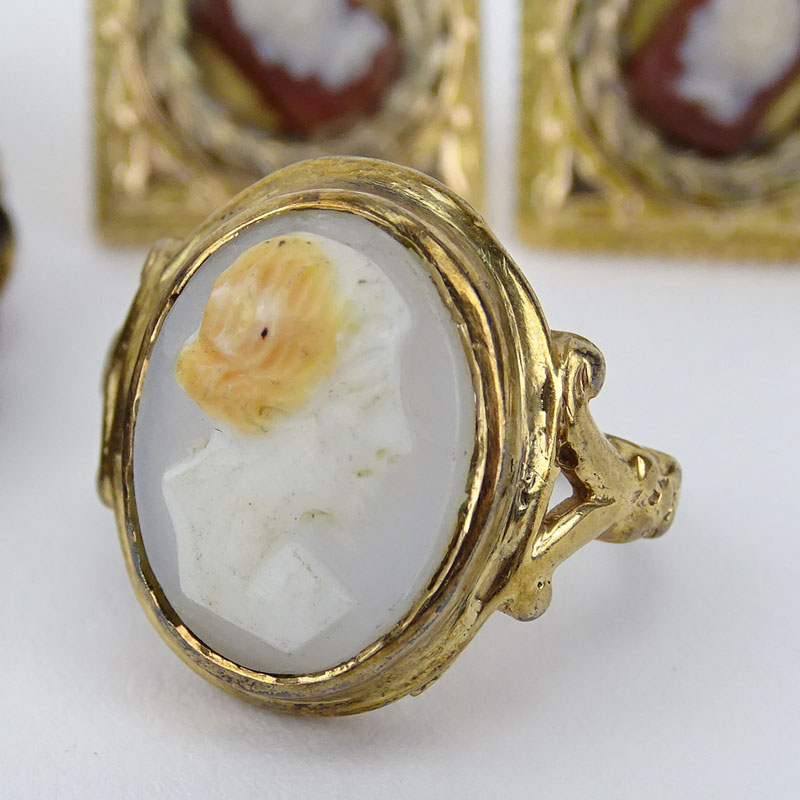 Vintage to Antique Jewelry Lot Including a 14K Yellow Gold and Cameo Ring, Pair of 14K Yellow Gold and Cameo Earrings, Pair of Carve Intaglio Carnelian and Silver Earrings and a Carved Shell and Silver Cameo Brooch