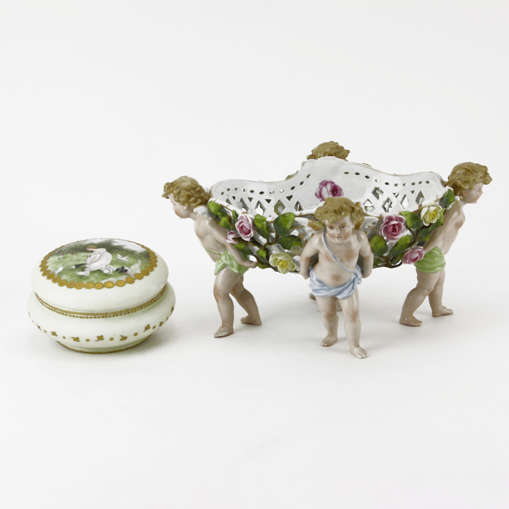 Vintage Porcelain Reticulated Cherub Basket together with Limoges France Powder Box