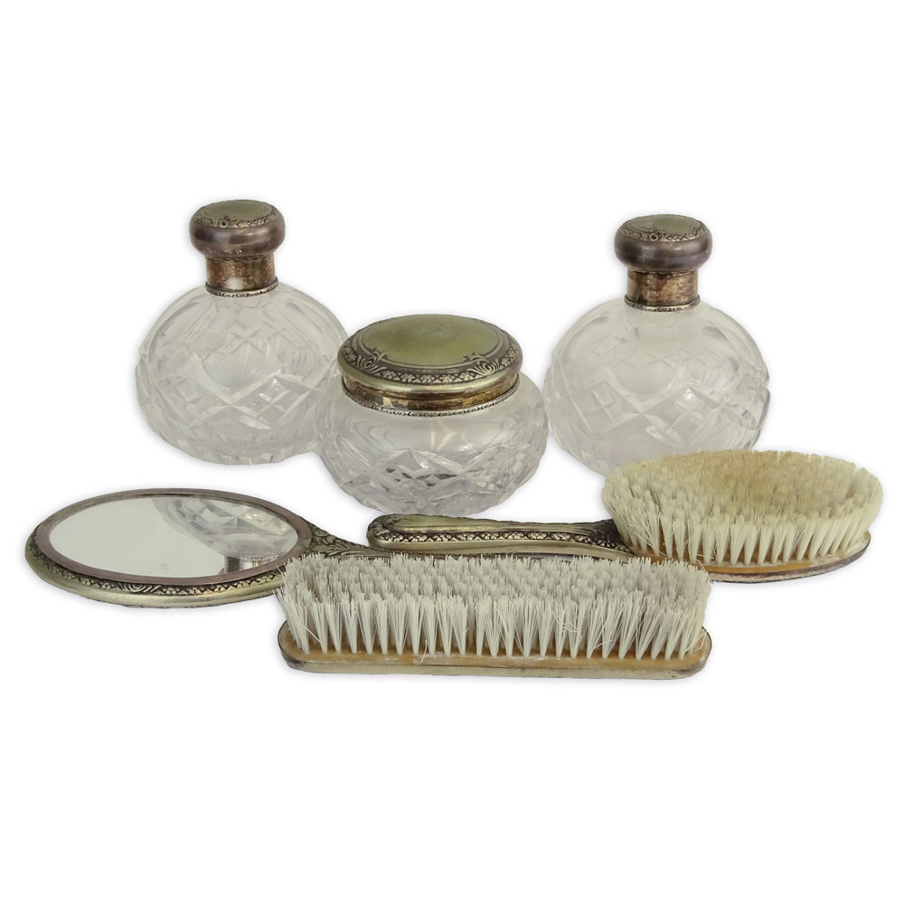 Antique Six (6) Piece Silver and Crystal Vanity Set