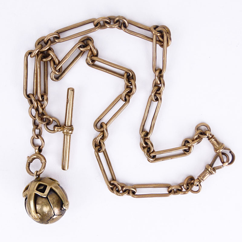 Victorian 9 Carat Gold Masonic Mechanical Ball Pendant On 9 Carat Gold Chain