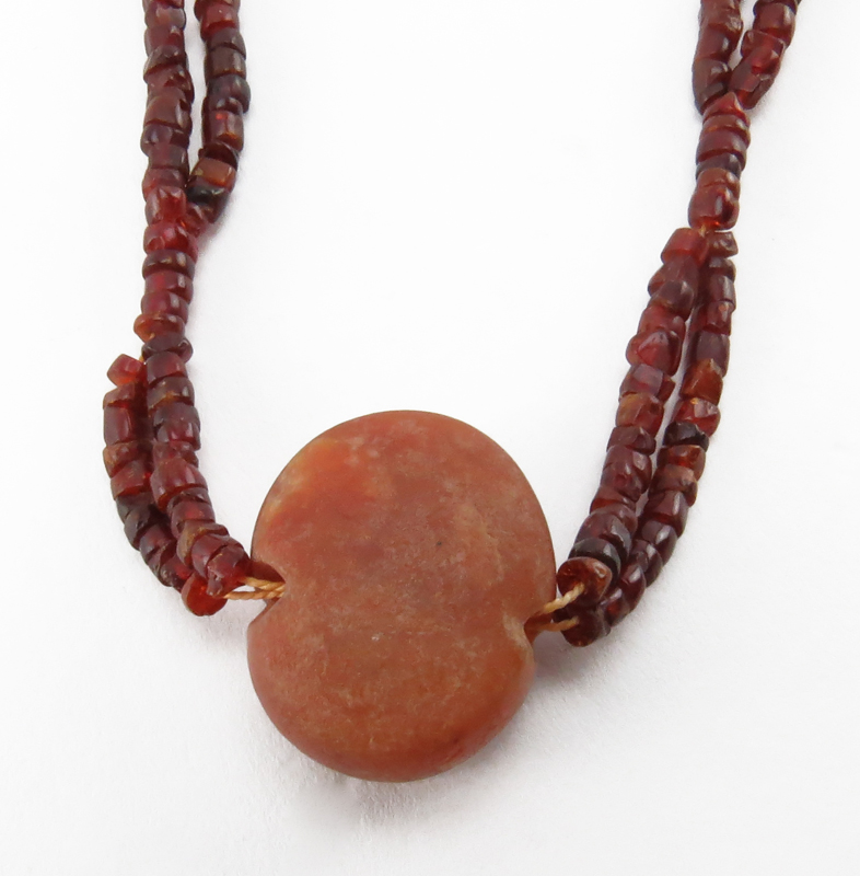 Pre-Columbian Two Strand Beaded Fertility Necklace with Carved Carnelian Stone Pendant