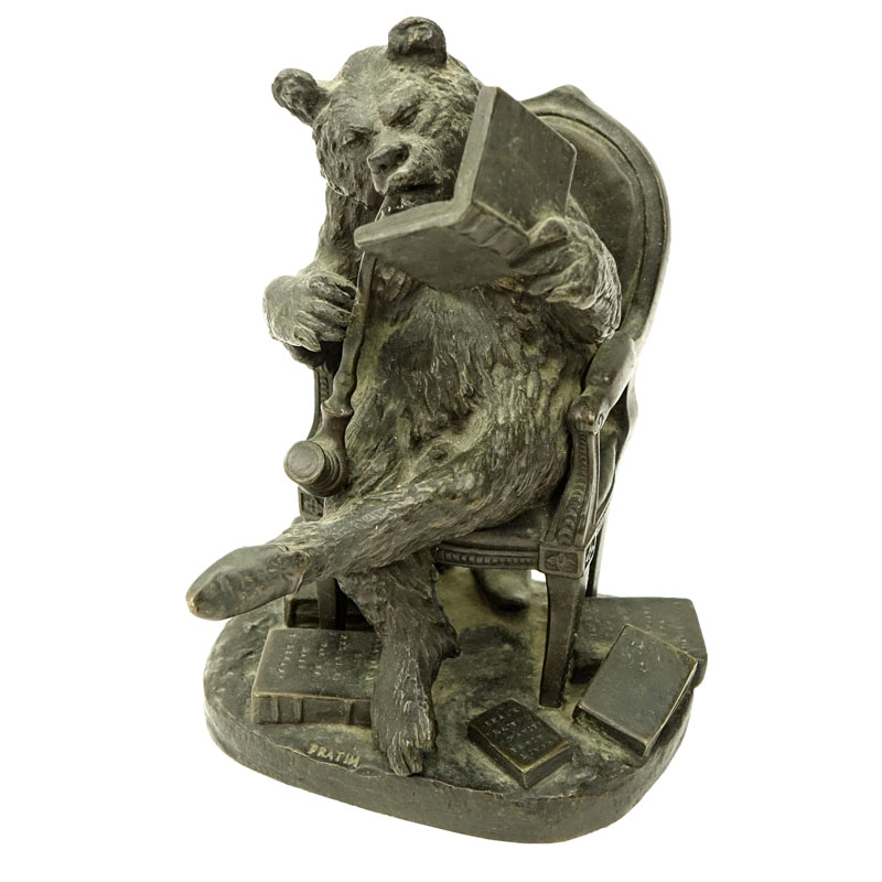 Christophe Fratin, French (1801-1864) Bronze Sculpture, Bear Smoking Pipe