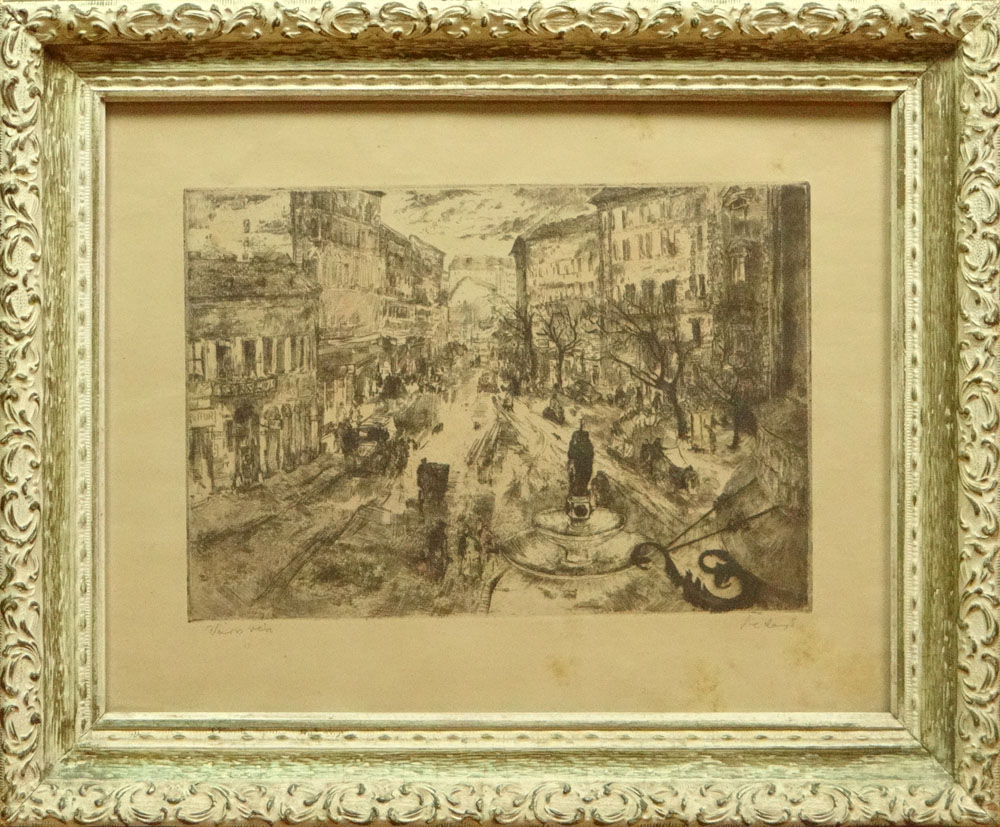 Eva Seday Hungarian (born1929- ) Etching "Village Square" Signed within Plate, Pencil Signed Lower Right and Titled Lower Left