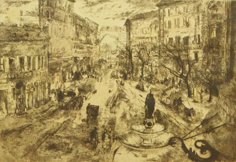 Eva Seday Hungarian (born1929- ) Etching "Village Square" Signed within Plate, Pencil Signed Lower Right and Titled Lower Left