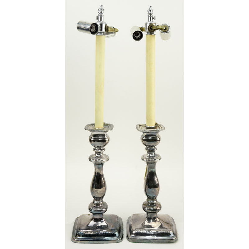 Pair of Vintage Silver Plate Candle Sticks Now As Lamps