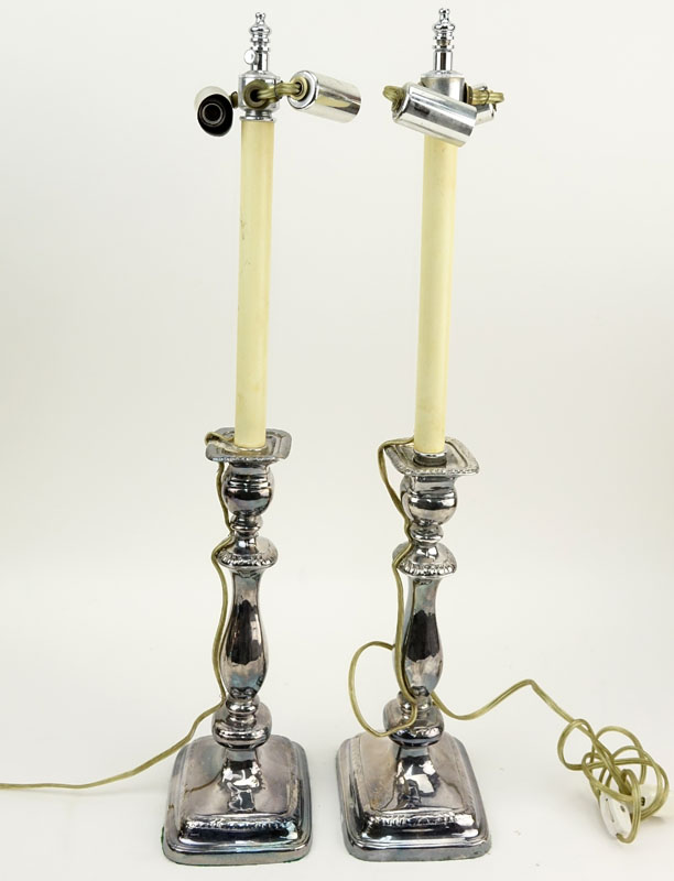 Pair of Vintage Silver Plate Candle Sticks Now As Lamps