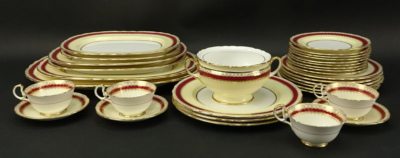 Thirty Two (32) Piece Aynsley Maroon and Gilt Porcelain Scalloped Edge Dinnerware