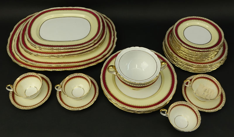 Thirty Two (32) Piece Aynsley Maroon and Gilt Porcelain Scalloped Edge Dinnerware