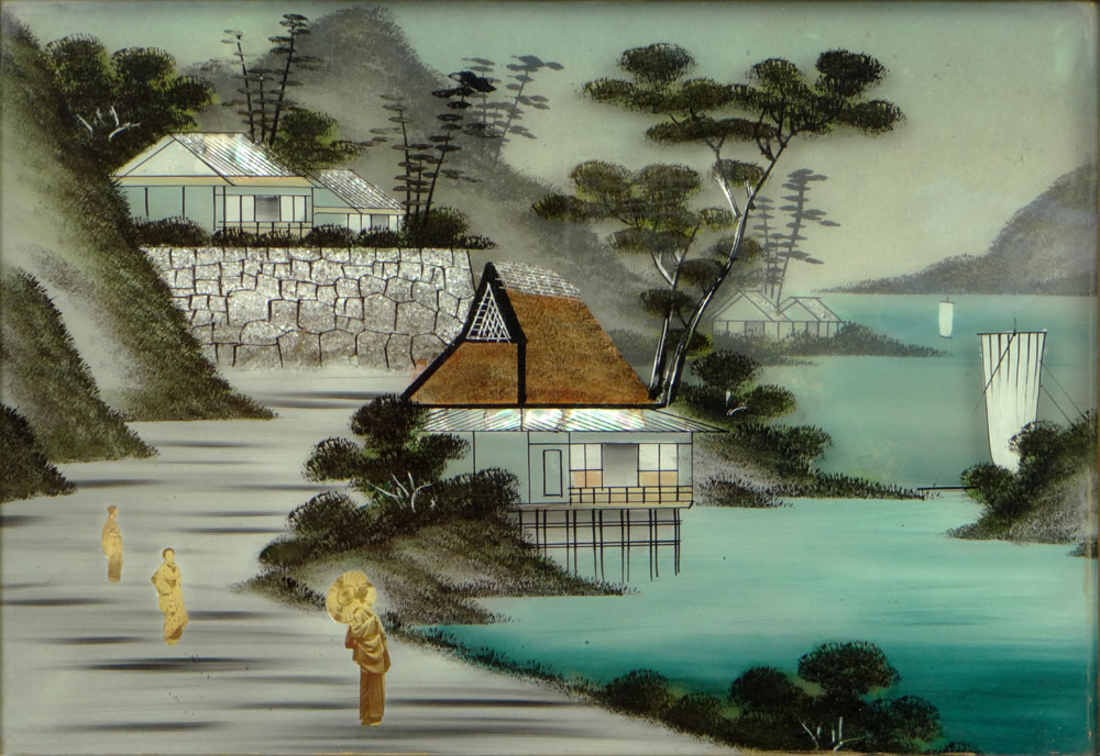 19/20th Century Japanese Reverse Painting on Glass and Watercolor Diorama, "Geishas in Mountain Landscape"