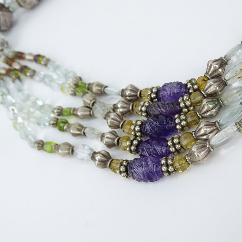 Vintage Possibly Indian Multi Gemstone Bead and Sterling Silver Five (5) Strand Necklace