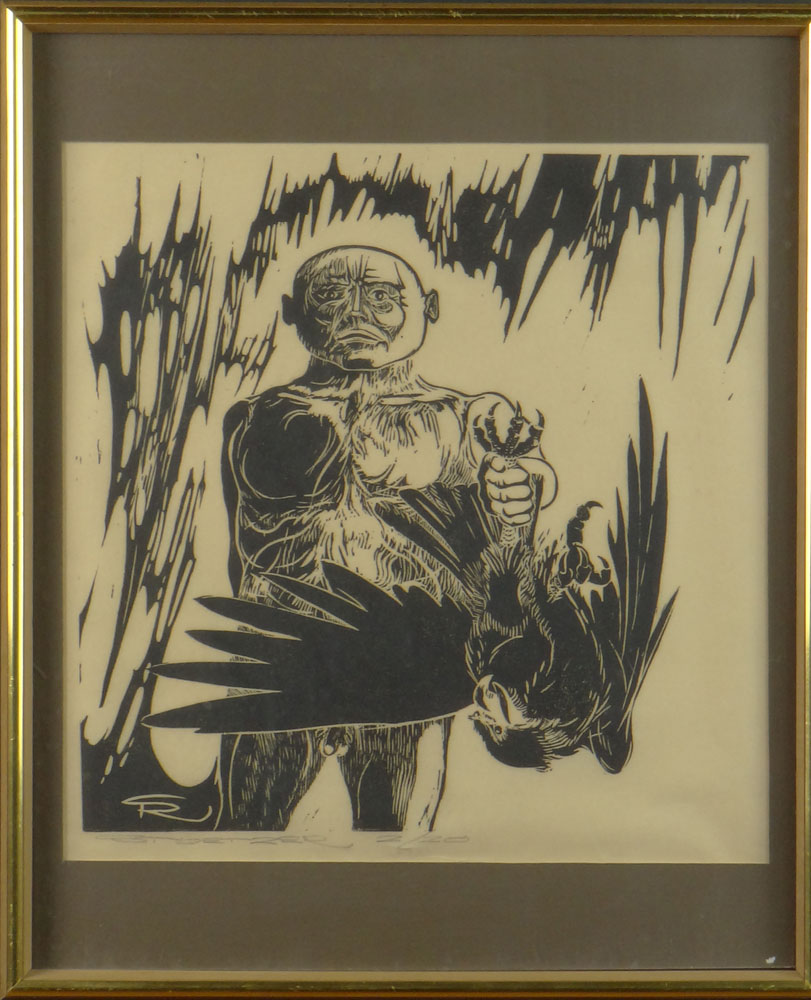 Robert Stoetzer, American 20th Century Woodcut  "Bird Man"