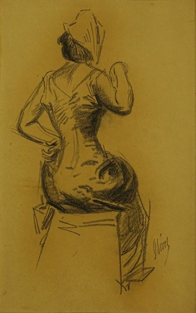 Art Deco Period Charcoal Drawing "Seated Lady on Paper" Signed Lower Right (illegible) Toning from age, Minor Foxing or in Otherwise Good Condition