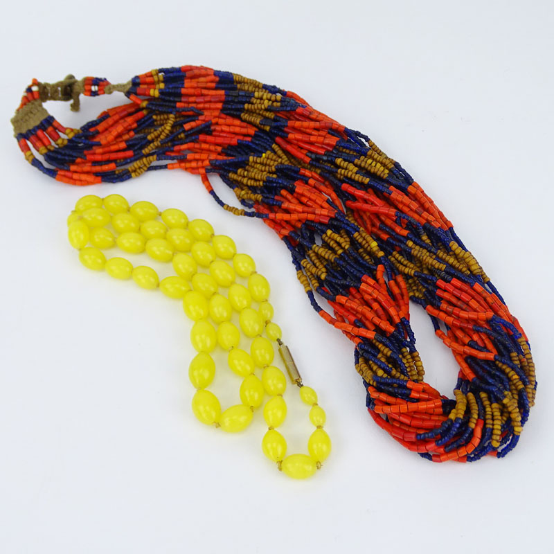 Vintage Indian Multi Strand Coral, Amber and Blue Glass Bead Necklace together with Yellow Glass Bead Necklace