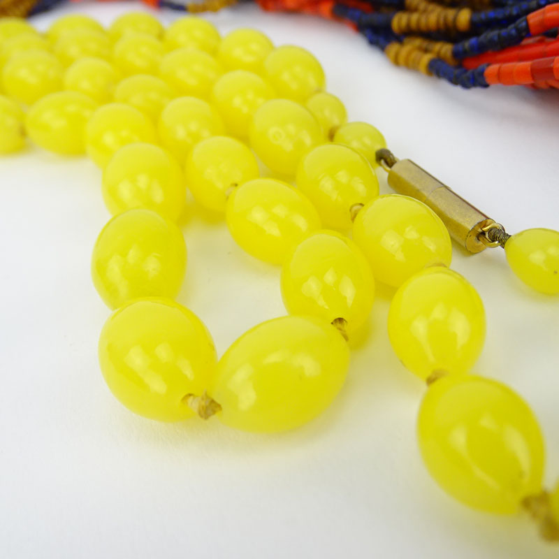 Vintage Indian Multi Strand Coral, Amber and Blue Glass Bead Necklace together with Yellow Glass Bead Necklace