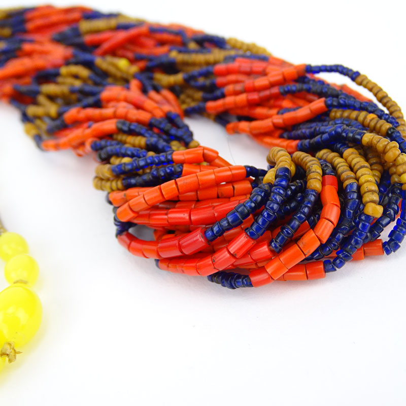 Vintage Indian Multi Strand Coral, Amber and Blue Glass Bead Necklace together with Yellow Glass Bead Necklace