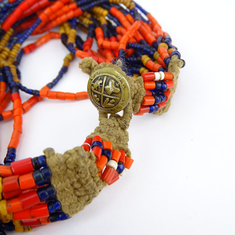 Vintage Indian Multi Strand Coral, Amber and Blue Glass Bead Necklace together with Yellow Glass Bead Necklace