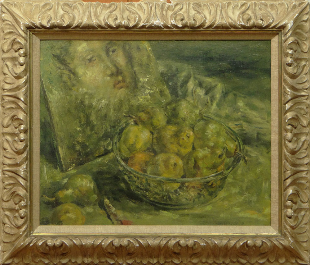 Modern Decorative Oil on Canvas Laid Down on Board "Still Life with Portrait" Unsigned