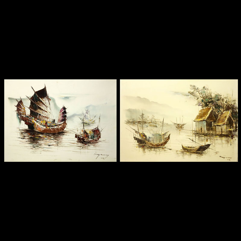 Two Vintage Mid Century Decorative Oil on Canvas Paintings "Chinese Boats" Signed Tony Wang HK