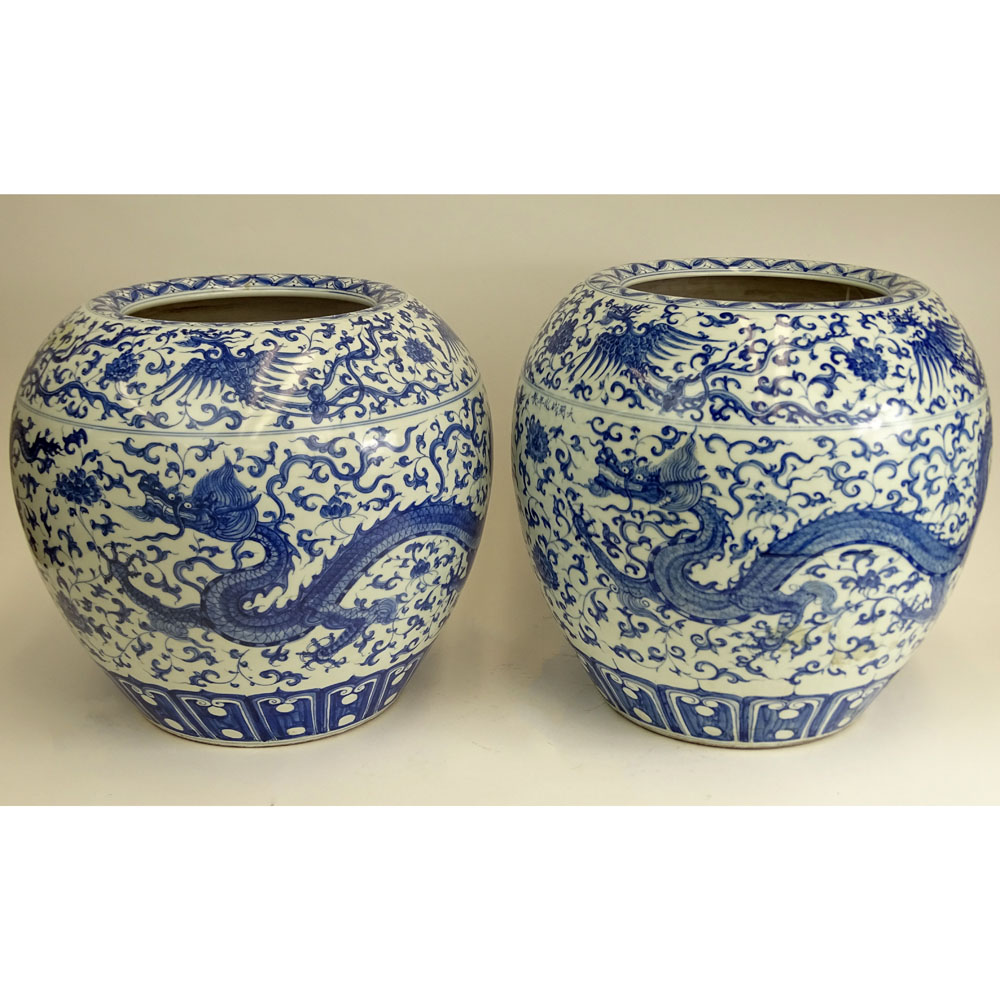 Pair of 20th Century Chinese Ming style Blue and White Porcelain Jardinières